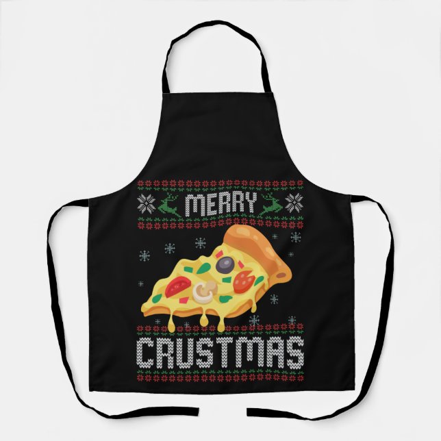Merry Crustmas Funny Christmas Pizza Ugly Sweater Apron (Front)
