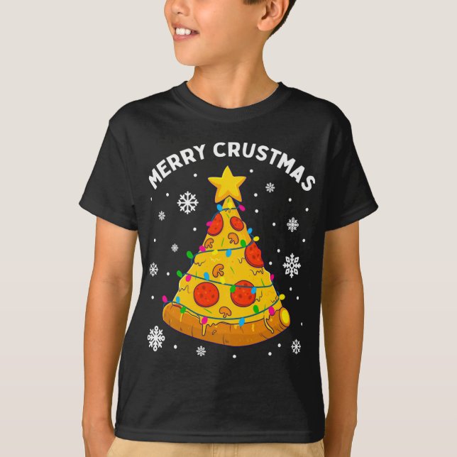 Merry Crustmas Pizza Christmas Tree T-Shirt (Front)