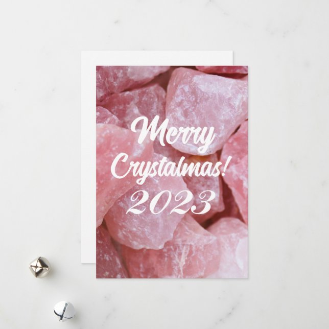 Merry Crystalmas 2023 Pink Rose Quartz Crystal Holiday Card (Front/Back In Situ)