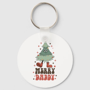 Merry Daddy Retro Christmas Tree Face Groovy Match Key Ring