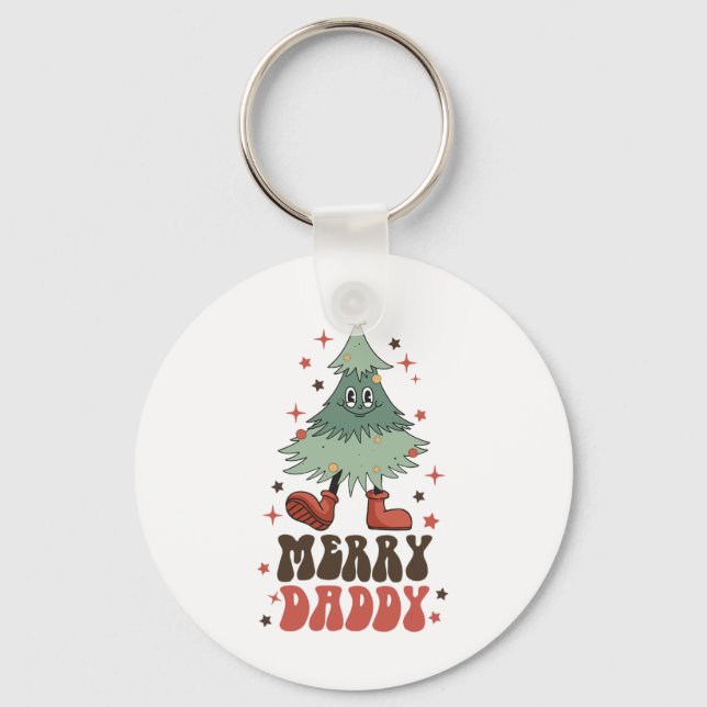Merry Daddy Retro Christmas Tree Face Groovy Match Key Ring (Front)