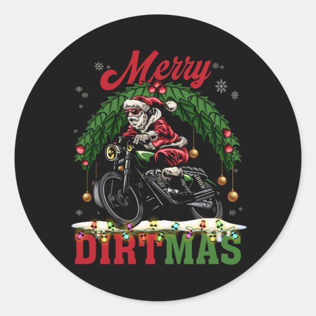 Merry Dirtmas Christmas Lights Santa Riding Dirt B Classic Round Sticker (Front)