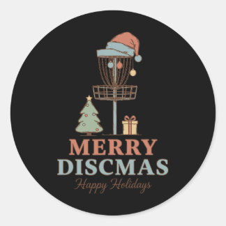 Merry Discmas Happy Holidays Disc Golf Basket Scen Classic Round Sticker