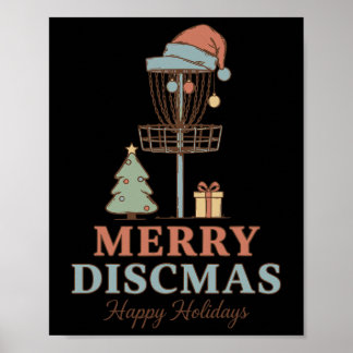 Merry Discmas Happy Holidays Disc Golf Basket Scen Poster