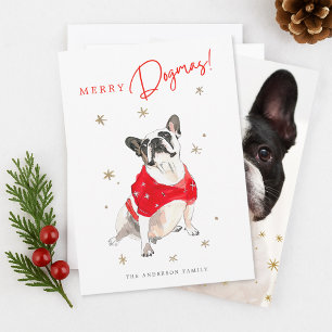 Merry Dogmas Cute Watercolor Dog Photo Christmas Holiday Card