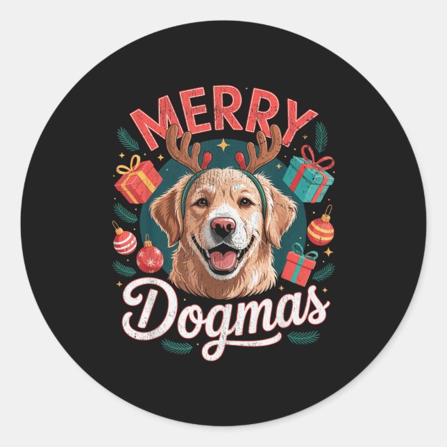 Merry Dogmas Funny Dog Santa Hat Christmas Xmas  Classic Round Sticker (Front)