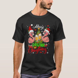 Merry Drunk Christmas Santa Flamingos Drinking Bee T-Shirt