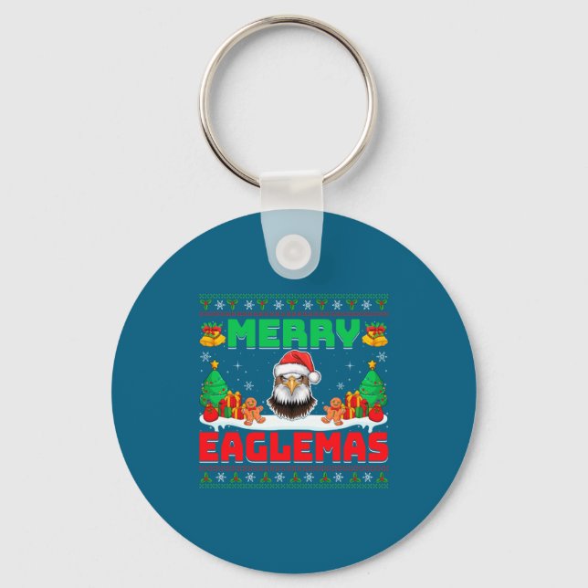 Merry Eaglemas - Eagle Wearing Santa Hat Ugly Chri Key Ring (Front)