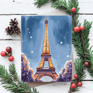 Merry Eiffel Tower Paris Christmas Watercolor Holiday Card
