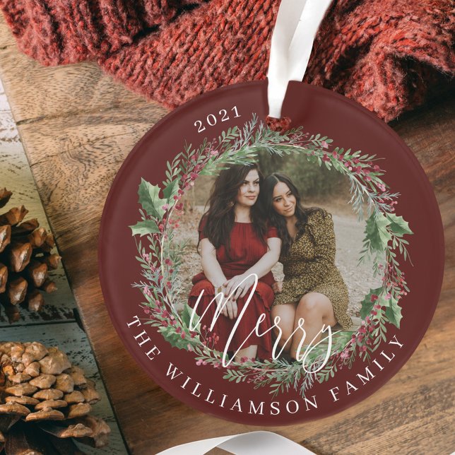 Merry Elegant Festive Watercolor Wreath Two Photo Ornament (Merry Elegant Festive Watercolor Wreath Two Photo Ornament)