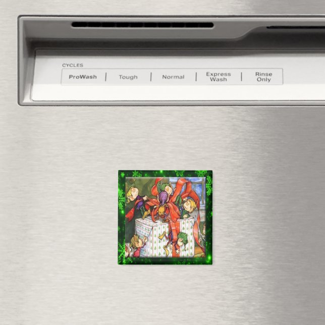 Merry Elves Wrapping Present Button Magnet (In Situ (Dishwasher))