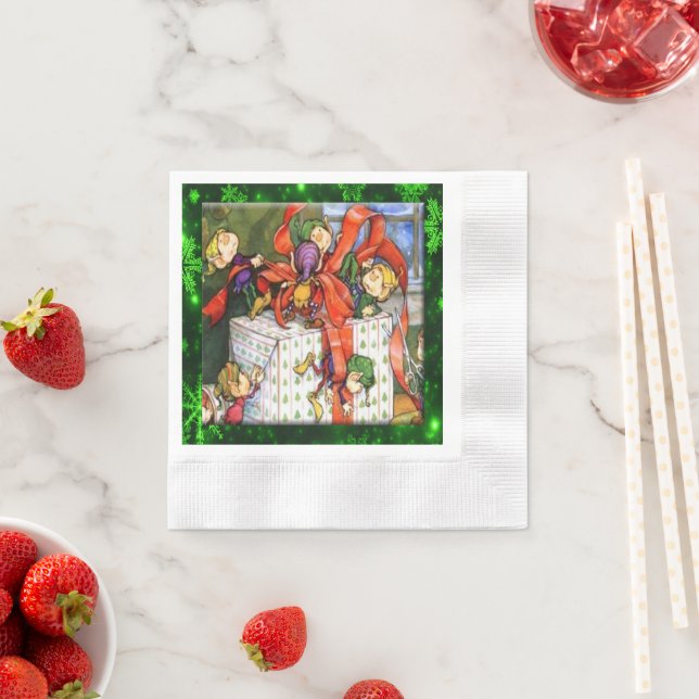 Merry Elves Wrapping Present Cocktail Paper Napkin (Insitu)