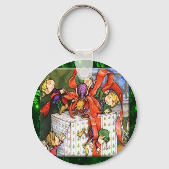 Merry Elves Wrapping Present Keychain (Front)