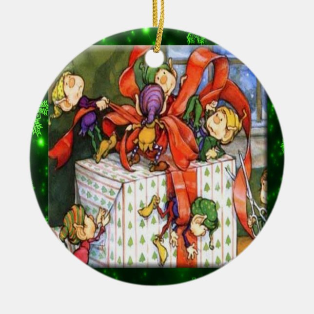 Merry Elves Wrapping Present Ornament (Front)
