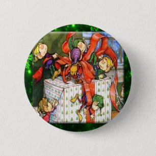 Merry Elves Wrapping Present Round Button