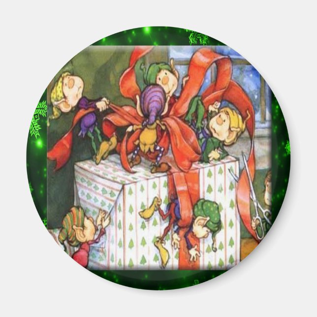 Merry Elves Wrapping Present Round Button Magnet (Front)