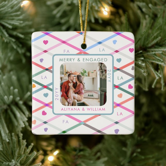 Merry Engaged Love Pastel Pattern Couples Photo Ceramic Ornament (Tree)
