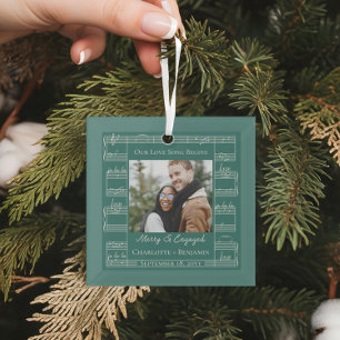 Merry Engaged Love Song Sheet Music Couples Photo Glass Tree Decoration