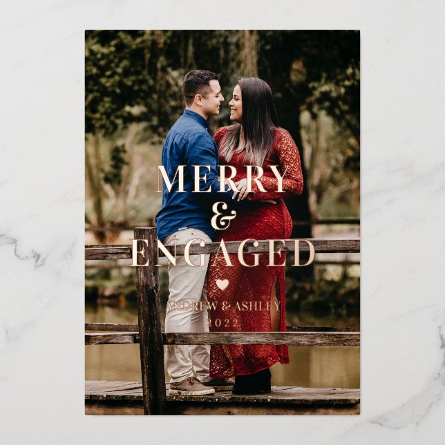 Merry & Engaged Minimal Frame Photo Engagement Foil Holiday Card (Front)