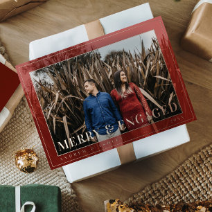Merry & Engaged Minimal Frame Photo Engagement Foil Holiday Card
