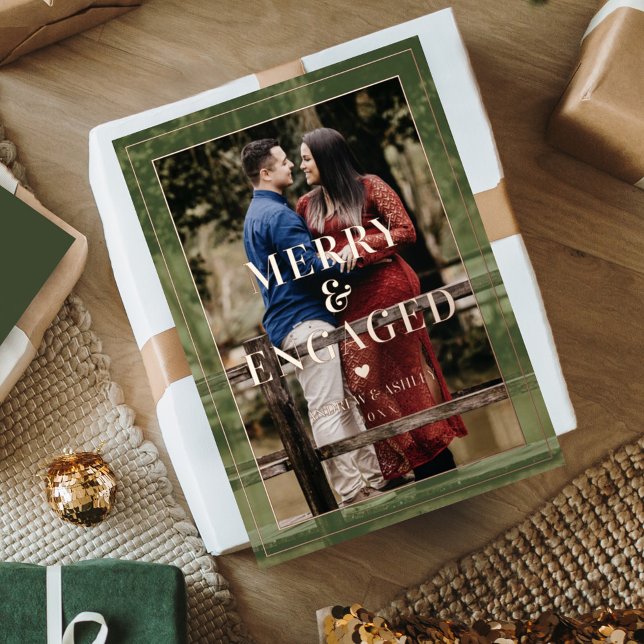Merry & Engaged Minimal Frame Photo Engagement Foil Holiday Card (Creator Uploaded)