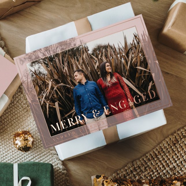 Merry & Engaged Minimal Frame Photo Engagement Foil Holiday Card (Creator Uploaded)