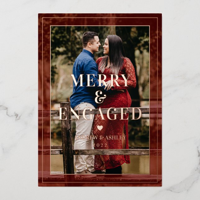 Merry & Engaged Minimal Frame Photo Engagement  Foil Holiday Card (Front)