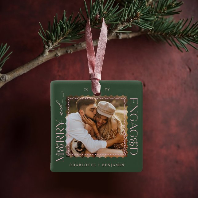 Merry & Engaged Modern Minimal Wavy Photo Keepsake Ceramic Ornament (Merry & Engaged Modern Minimal Wavy Photo Keepsake Ceramic Ornament)