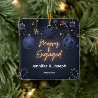 Merry & Engaged Photo Keepsake For Couples Fiances Ceramic Ornament
