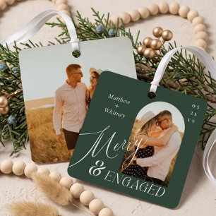 Merry & Engaged Script Modern Engagement Photo Metal Tree Decoration
