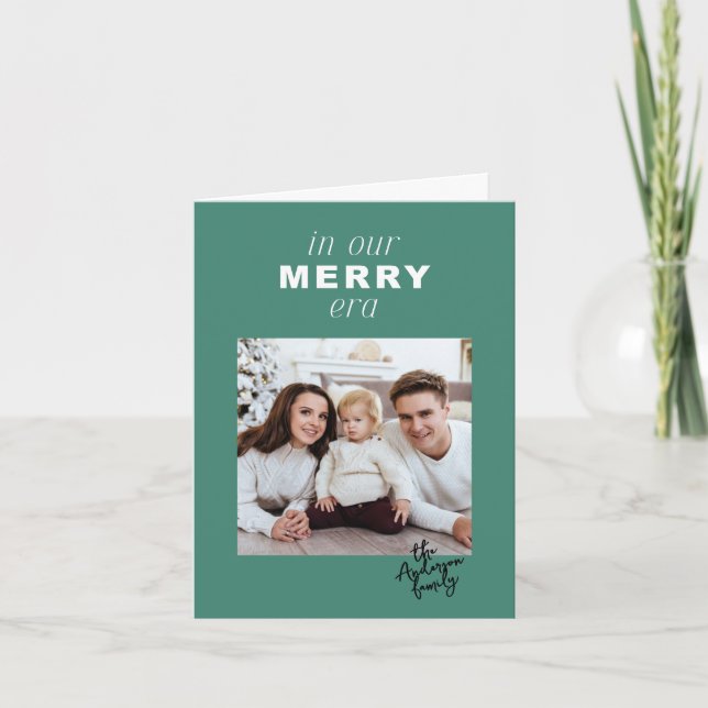 Merry Era Bright Funny One Photo Green Christmas Holiday Card (Front)