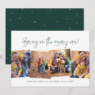 Merry era funny four photo green Christmas Holiday Card