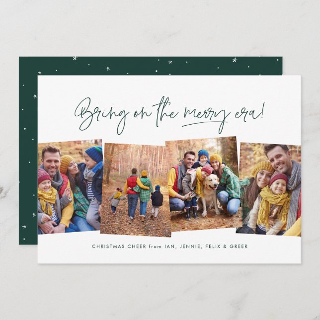 Merry era funny four photo green Christmas Holiday Card (Front/Back)