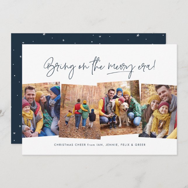 Merry era funny four photo navy blue Christmas Holiday Card (Front/Back)