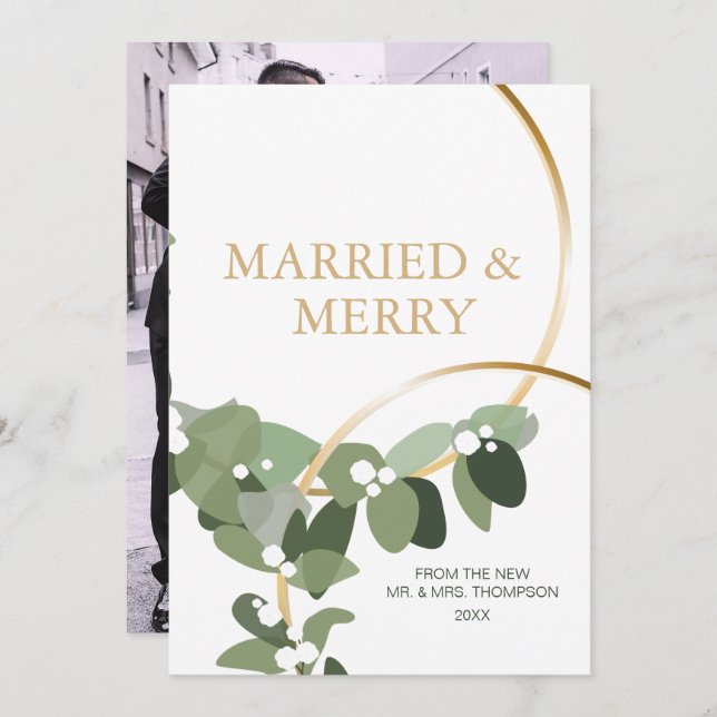 Merry Eucalyptus Wreath Newlywed Photo Christmas  (Front/Back)