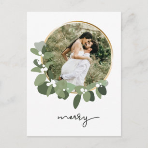 Merry Eucalyptus Wreath Newlywed Photo Christmas Postcard