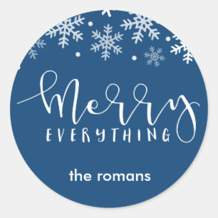 Merry Everhthing Holiday Snowflake Navy Blue Classic Round Sticker
