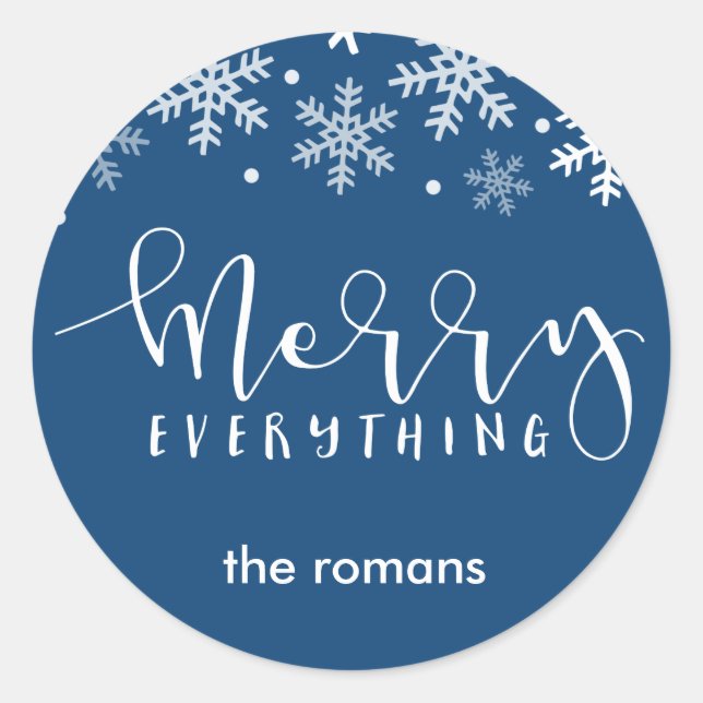 Merry Everhthing Holiday Snowflake Navy Blue Classic Round Sticker (Front)