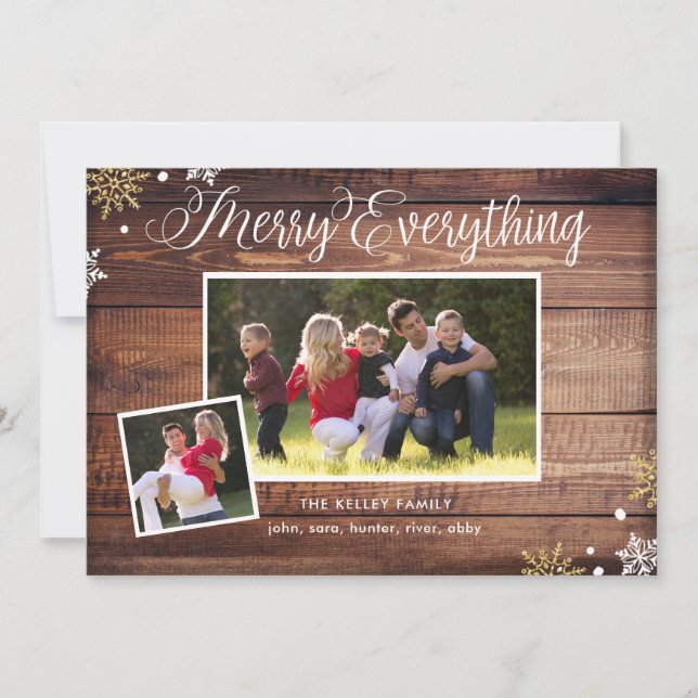 Merry Everything-2 Photo Dark Wood Holiday Card (Front)