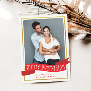 MERRY EVERYTHING BANNER photo modern gold red Holiday Card