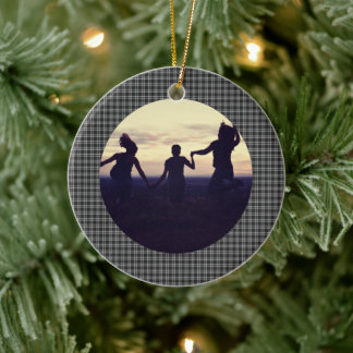 Merry Everything Black Plaid Family Photo Ceramic Ornament