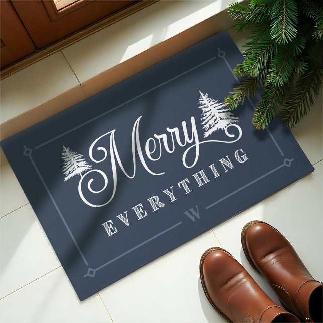 Merry Everything Blue Pine Trees Family Monogram Doormat (Merry Everything Green Pine Trees Family Monogram Blue Doormat)