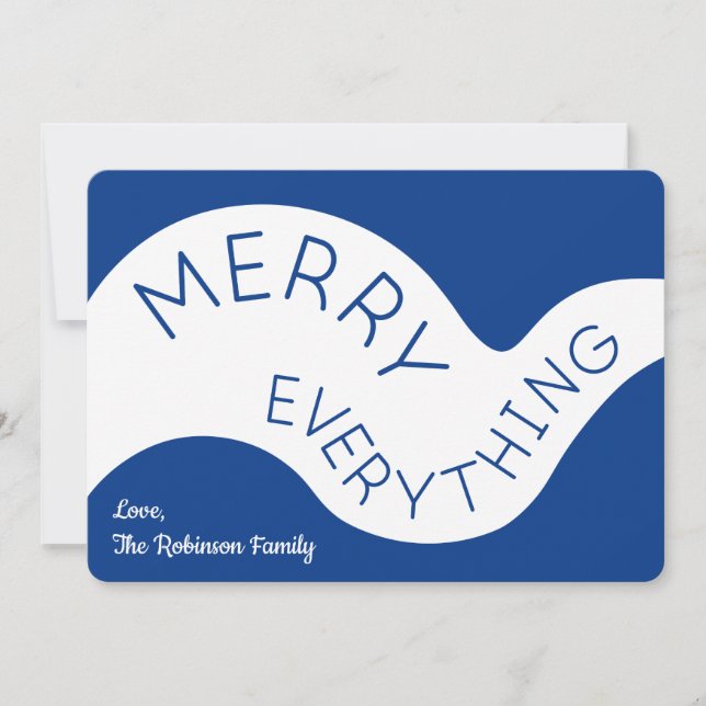 Merry Everything Blue Typography Abstract Curves Holiday Card (Front)