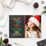 Merry Everything Colorful Chalkboard Photo Holiday Card<br><div class="desc">Simple and stylish Christmas photo card greeting features the phrase "Joy, Love, Peace and Merry Everything" in bold colors and modern type on a black chalkboard style background. White snowflakes dress up the back side of the card. Personalize with your photo (portrait format) and with custom text. Charcoal gray /...</div>