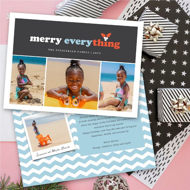 Merry Everything Colour Blocks Mistletoes 3 Photo Holiday Card (Creator Uploaded)