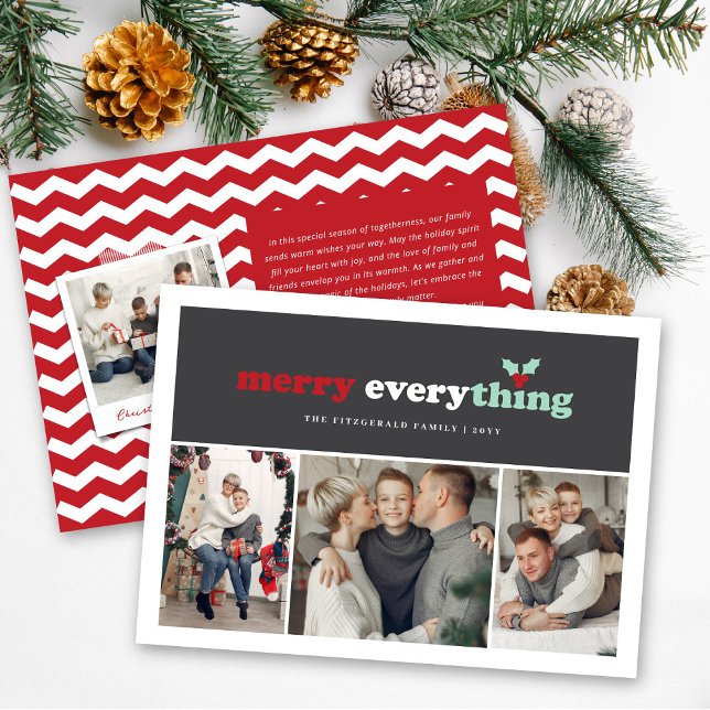 Merry Everything Colour Blocks Modern 3 Photo Holiday Card (Creator Uploaded)