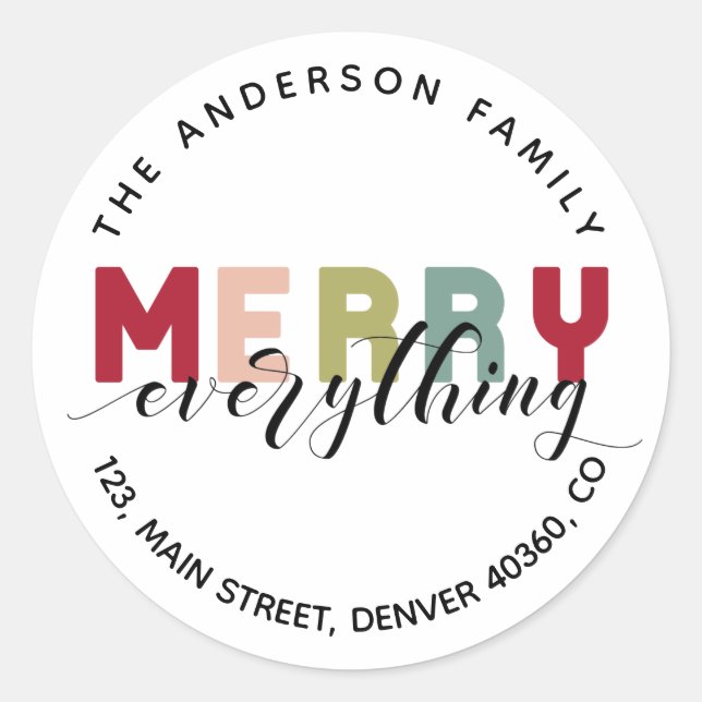 Merry Everything colourful return address label (Front)
