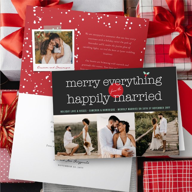 Merry Everything From The Happily Married 3 Photo Holiday Card (Merry Everything From The Happily Married 3 Photo Holiday Wedding Announcement Folded Card)