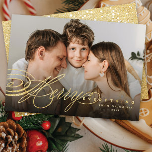 Merry Everything Glitter Script Holiday Photo Card