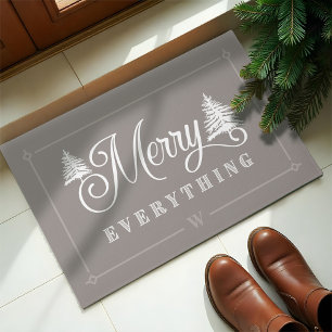 Merry Everything Grey Pine Trees Family Monogram Doormat